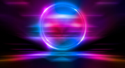 Dark abstract background. Neon light circle figure. Reflection of neon light on the water. 