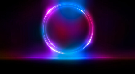 Dark abstract background. Neon light circle figure. Reflection of neon light on the water. 