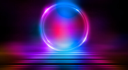Dark abstract background. Neon light circle figure. Reflection of neon light on the water. 