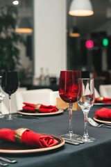 Table served for Christmas dinner in a restaurant, close up view
