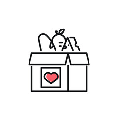 Food donation icon on white. Food box for donations. Vector black icon for help, social care, volunteering, support for poor people, charity and food drive. Vector outline icon with editable stroke