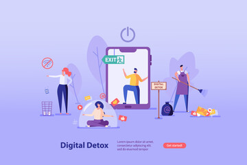 People meditate, clean, step out, relax, read books. Concept of digital detox, disconnecting, mediastika, device free zone, internet addiction, phubbing. Vector illustration in flat design.