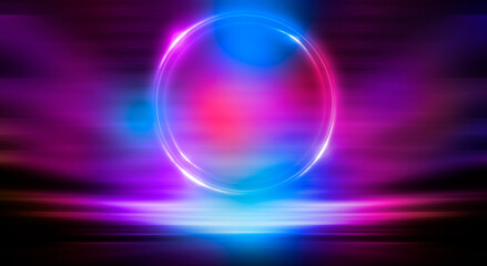 Dark abstract background. Neon light circle figure. Reflection of neon light on the water. 