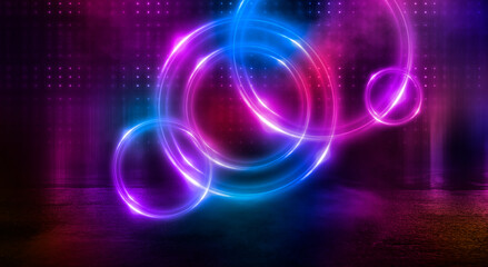 Dark abstract background. Neon light circle figure. Reflection of neon light on the water. 