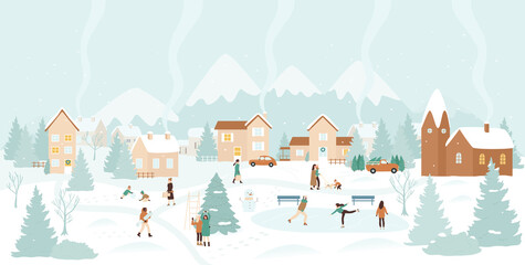 Winter village, snow Christmas landscape vector illustration. Cartoon active people have fun next to Christmas tree, ice skating and playing with snowballs, happy winter outdoor activity background