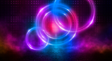 Dark abstract background. Neon light circle figure. Reflection of neon light on the water. 