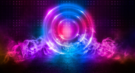 Dark abstract background. Neon light circle figure. Reflection of neon light on the water. 