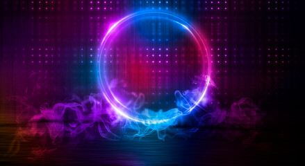 Dark abstract background. Neon light circle figure. Reflection of neon light on the water. 