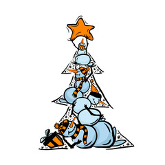 Merry Christmas card. Christmas tree made of snowmen. Vector illustration