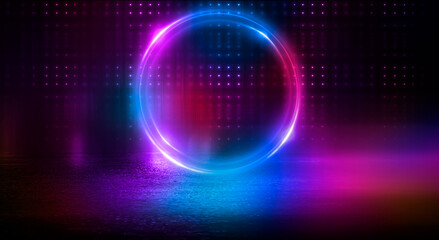 Dark abstract background. Neon light circle figure. Reflection of neon light on the water. 