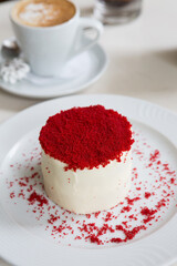Red velvet cake on a cafe table