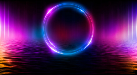 Dark abstract background. Neon light circle figure. Reflection of neon light on the water. 
