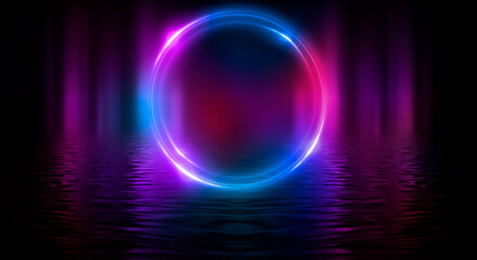 Dark abstract background. Neon light circle figure. Reflection of neon light on the water. 