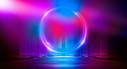 Dark abstract background. Neon light circle figure. Reflection of neon light on the water. 