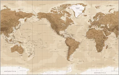 Weltkarte - Vintage Physische Topographie - Amerikanische Ansicht - Amerika im Zentrum - Vektor Detaillierte Illustration © Porcupen