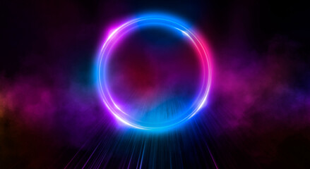 Dark abstract background. Neon light circle figure. Reflection of neon light on the water. 