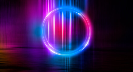 Dark abstract background. Neon light circle figure. Reflection of neon light on the water. 