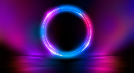 Dark abstract background. Neon light circle figure. Reflection of neon light on the water. 