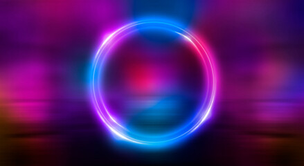 Dark abstract background. Neon light circle figure. Reflection of neon light on the water. 