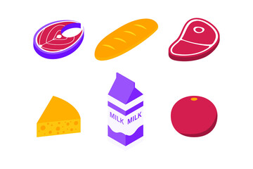 Salmon, meat, steak and carton of milk and fruit