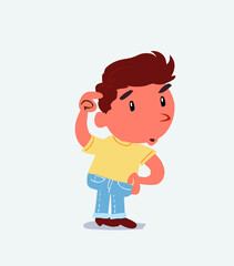  funny cartoon character of little boy on jeans doubting