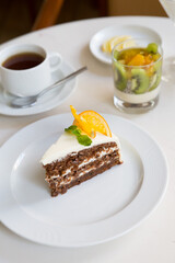 Slice of carrot cake served for tea