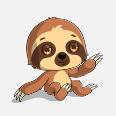 Cartoon sloth sitting and waving, hand drawn