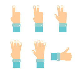 Set of hands showing numbers one to five, thumb up. Vector