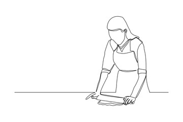 Obraz na płótnie Canvas Continuous line drawing of chef woman rolling bakery pizza dough use wooden rolling pins. One line concept of bake receipt cooking. Vector illustration