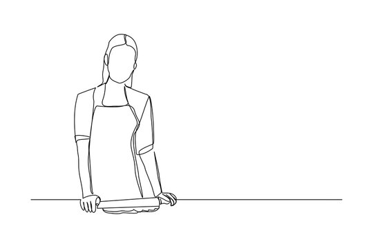 Continuous line drawing of chef woman rolling bakery pizza dough use wooden rolling pins. One line concept of bake receipt cooking. Vector illustration