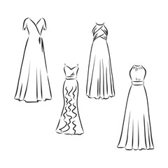 Hand drawn vector clothing set. of trendy maxi dresses isolated on white. dress vector sketch illustration