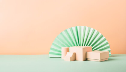 Modern abstract podium geometric shapes paper art elements on pastel background