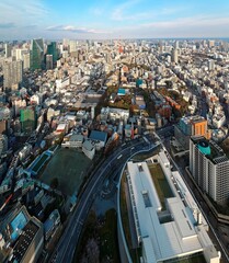 Fototapeta na wymiar Aerial panorama from Roppongi over Downtown Tokyo, with landmark Tokyo Tower among crowded buildings, city streets crisscrossing the district and Tokyo Bay on distant horizon on a beautiful sunny day