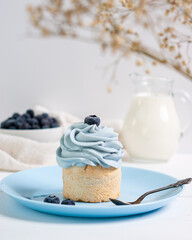 Single cupcake with light blue cream and berry on a blue plate