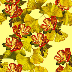 Ginkgo with exotic flowers seamless pattern.