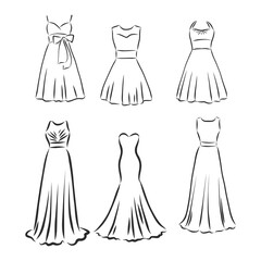 Hand drawn vector clothing set. of trendy maxi dresses isolated on white. dress vector sketch illustration