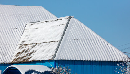 Snow on the roof of the house.