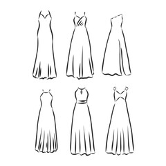 Hand drawn vector clothing set. of trendy maxi dresses isolated on white. dress vector sketch illustration