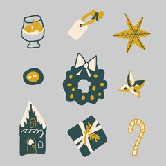Vector set illustrations for Christmas and New Year.Clip art with wreath,star,drink,house,gift, candy,button,label.Collection in trend colors 2021:tidewater green,fortuna gold,sail champagne.