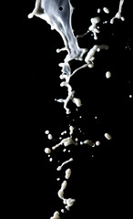Splashes of white milk isolated on a black background.