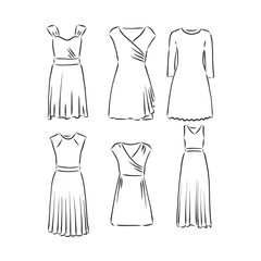 Hand drawn vector clothing set. of trendy maxi dresses isolated on white. dress vector sketch illustration