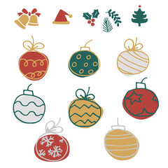 Vector colorful set of christmas icons, christmas balls, tree and ringer bells. hand drawn vector icons collection for holidays.