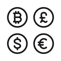Set of currency symbol icons. Dollar, euro, pound, bitcoin signs in minimal line style. Simple vector illustration of money.