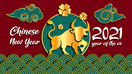 Chinese new year 2021 year of the ox background, red and gold paper cut ox character, flower and asian elements with craft style on background