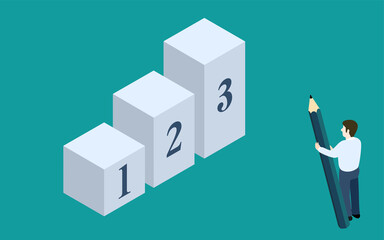 大きな鉛筆を持って立つ男性と表彰台　アイソメトリック..