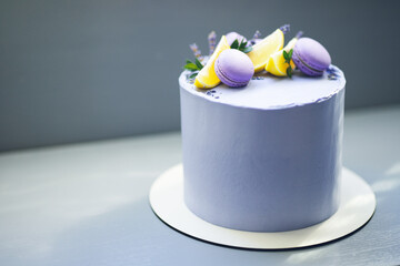 Single-tiered tall cake of delicate lavender color, decorated with macaroons, lavender and lemon wedges © pridneprovskiy