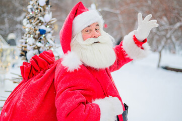 Portrait of santa claus by the christmas tree outdoors