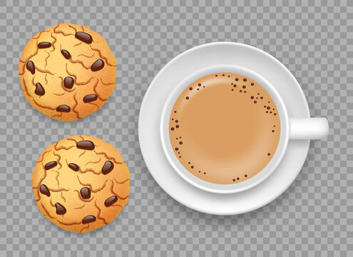 White coffee cup, saucer and cookies top view isolated on transparent background