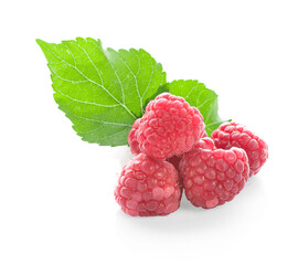 Raspberry with leaves isolated on white background.