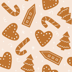 Christmas seamless pattern with gingerbread cookies. Vector background for winter holidays and Christmas design. Hand drawn surface pattern in flat style for wrapping paper, fabric, cards and gift tag